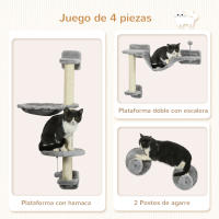 PawHut Estante de Escalada para Gatos de Pared Juego de Estantes para Gatos 4 Piezas con Hamaca Bola Plataformas para Saltar Poste de Sisal y Escalera 84,5x19x54 cm Gris y Beige - details 4