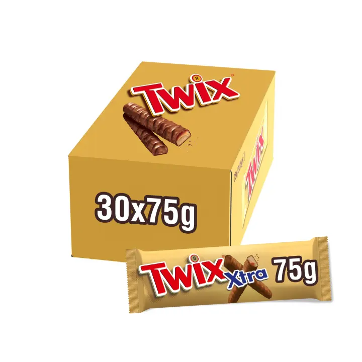 Twix Xtra Barritas extra largas de Chocolate con leche, galleta y caramelo, 30 x 75g, Snack apto para Veganos - 1