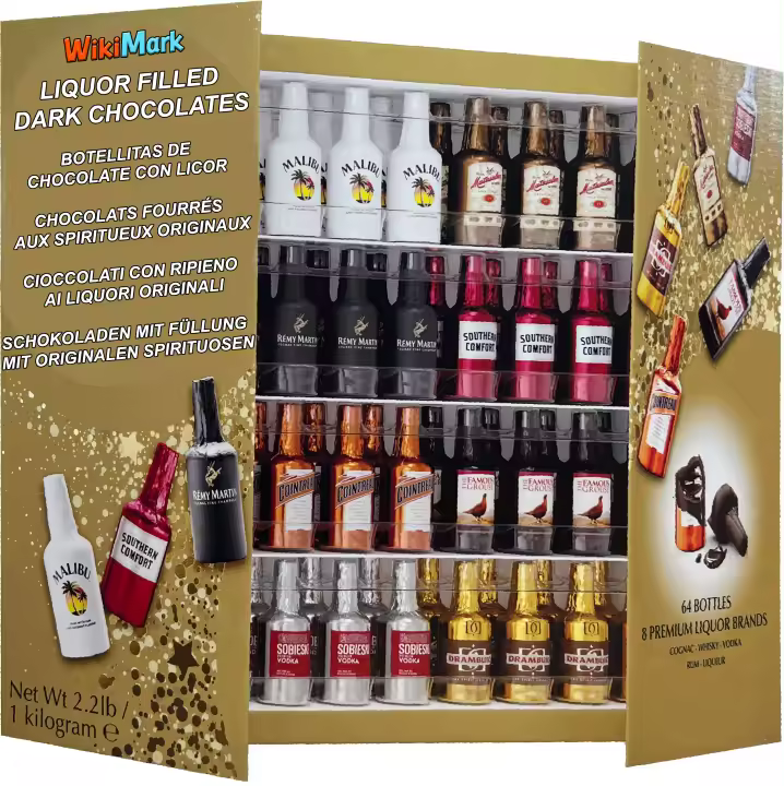 Botellitas de Chocolate Rellenas de Licor - Nueva Edición 2024 Con Nuevos Sabores - Incluye Caja Armario Botellero WikiMark. 1 Kg - 64 Botellitas o Taper de 20 Botellas 300 Gr. - 1