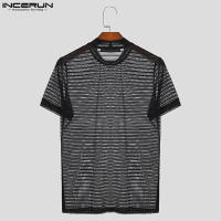 Camiseta De Hombre INCERUN Verano Manga Corta Cuello Redondo Malla Rayada Talla Oversize Ropa Casual Para Todo El Año - details 3