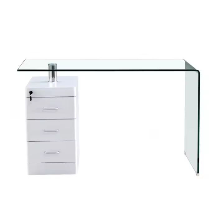 Mesa de diseño HOGARDECORA Modelo Remi de cristal curvado transparente - Cajonera lacada en blanco alto brillo - 1