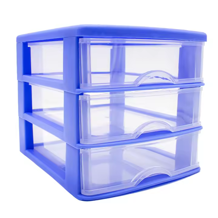 CABLEPELADO Torre de almacenamiento con 3 cajones sobremesa, Organizador de escritorio, Caja de almacenamiento de escritorio,18 cm alto x 17.7 cm ancho x 21.5 cm fondo, Azul y cajones transparentes - 1