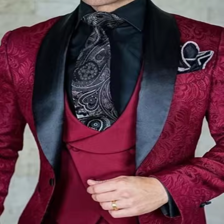 Traje De Novia Para Hombre Diseños Últimos Rojo/Triángulo Slim Fit 3 Piezas Chaqueta Con Borla Traje De Boda Para Celebraciones Y Baile De Promesa - 1