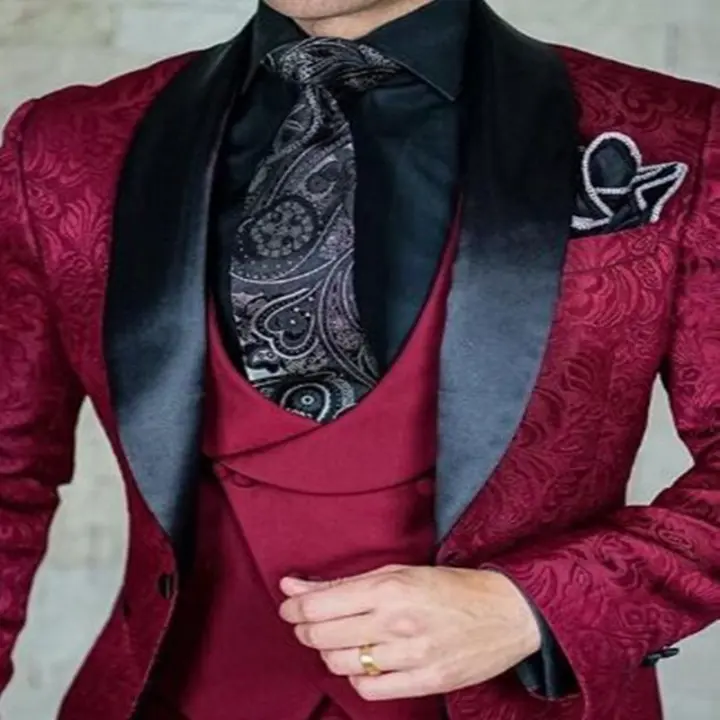 Traje De Novia Para Hombre Diseños Últimos Rojo/Triángulo Slim Fit 3 Piezas Chaqueta Con Borla Traje De Boda Para Celebraciones Y Baile De Promesa - 1