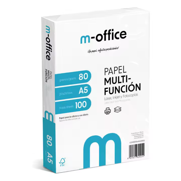 Paquete Folios A5 80gr, Paquete de 100 hojas, Papel Multifunción para Impresora Inkjet y Láser, Hojas A5 148 x 210 mm Ideales para la Oficina como para el Hogar · m-office (100 hojas) - 1