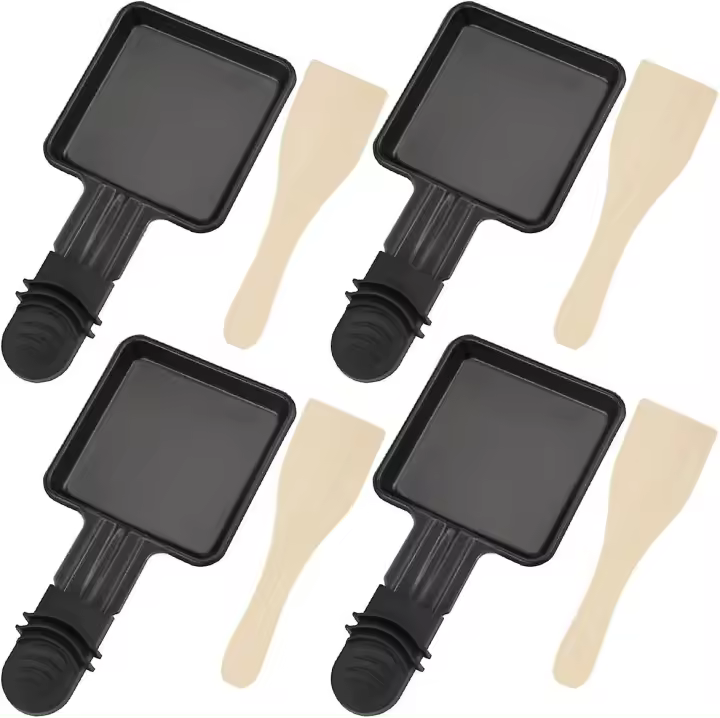 tazas para raclette de barbacoa y 4 espátulas de madera para raclette. Parrilla raclette pulida con revestimiento antiadherente de hierro fundido y miniplaca con mango aislante. - 1