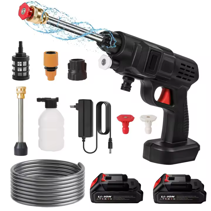 Nettoyeur de Voiture Haute Pression Sans Fil 200W 21V avec Pulvérisateur à Mousse, Brosse Multifonction, 2 Batterie et Chargeur - Pistolet d'Eau Électrique pour Usage Domestique, Comprend des Buses de Pulvérisation, Tuyau et Accessoires, Accessoires pour - 1