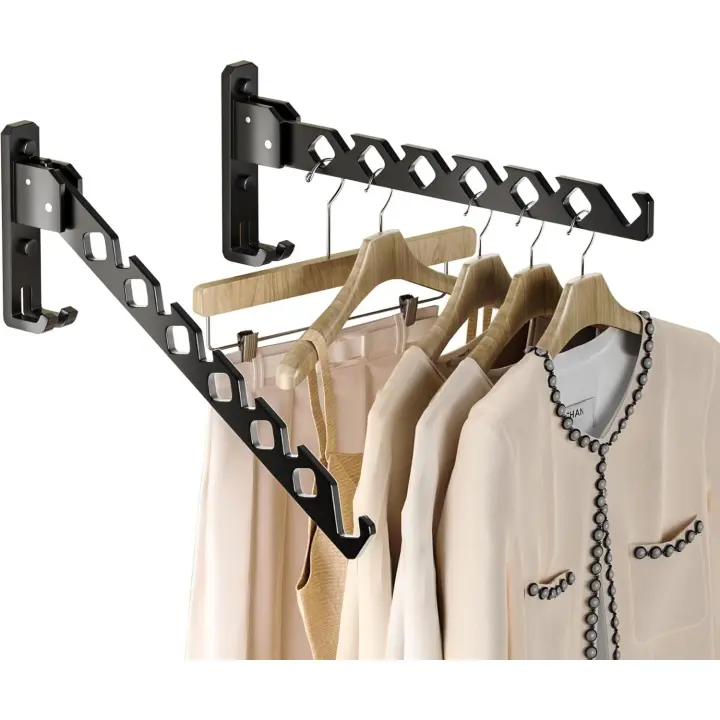 Montaje en percha titular Negro ropa Seco organizer rack ropa Ganchos de la ropa de Aluminio retráctil-Negro 2Pack - 1