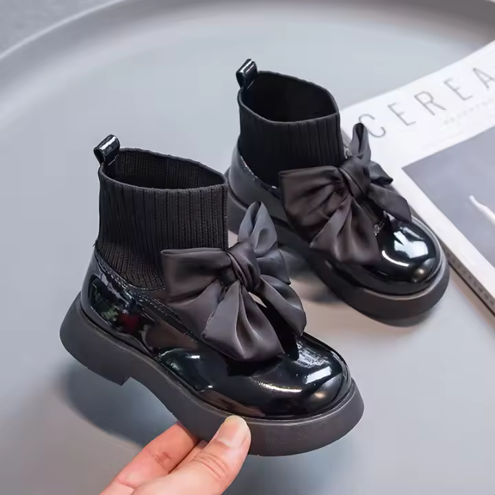 Zapatos De Escuela Para Niñas Negros Antideslizantes Con Lazo Elegante 2022 Cuero PU Botas De Moda Transpirables Para Niños Uniforme Del Reino Unido Casual Sin Tobillero - 1