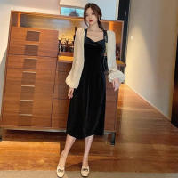 Vestido Elegante De Mujer Verano 2025 Chiffón Manga Aplanada Vintage Negro Veludo Cuello V A-Line Midi Moda Coreana - details 0