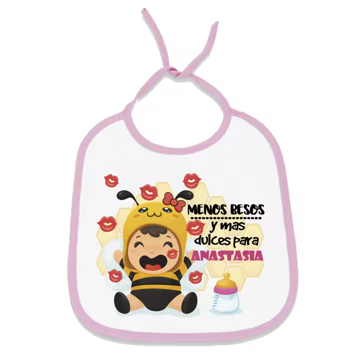 Babero personalizado menos besos y más dulces abeja con el nombre de tu bebé. Regalo original personalizado para tu bebé. Medidas 24 x 29 cm. - 1