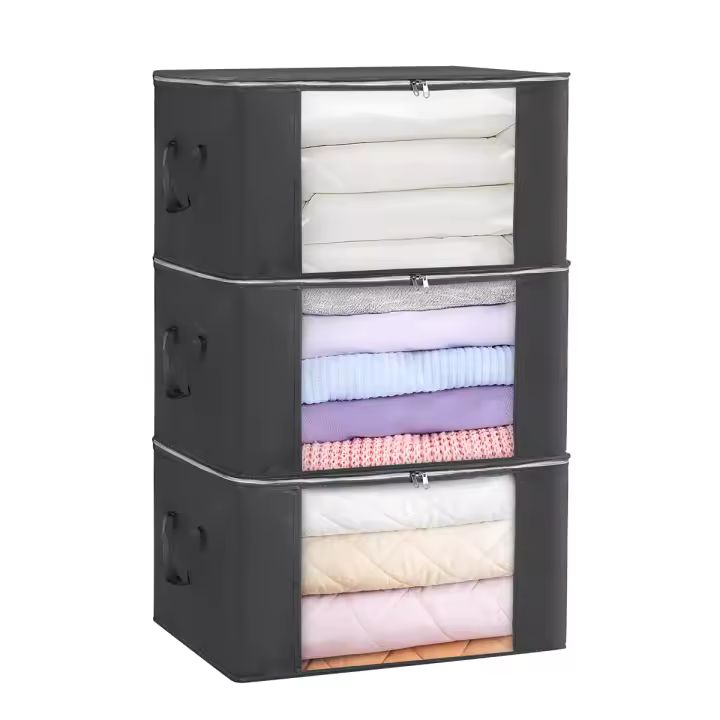 T-LoVendo Pack de Tres Cajas de Almacenamiento Plegables, con Ventana Transparente, Set de 3 Cestas con 2 Asas, Bolsa con Tapa con Cremallera para Ropa, Cofre Organizador de Tela no Tejida, Dormitorio, 90L - 1