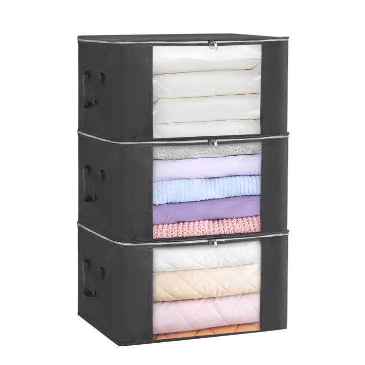 T-LoVendo Pack de Tres Cajas de Almacenamiento Plegables, con Ventana Transparente, Set de 3 Cestas con 2 Asas, Bolsa con Tapa con Cremallera para Ropa, Cofre Organizador de Tela no Tejida, Dormitorio, 90L - 1