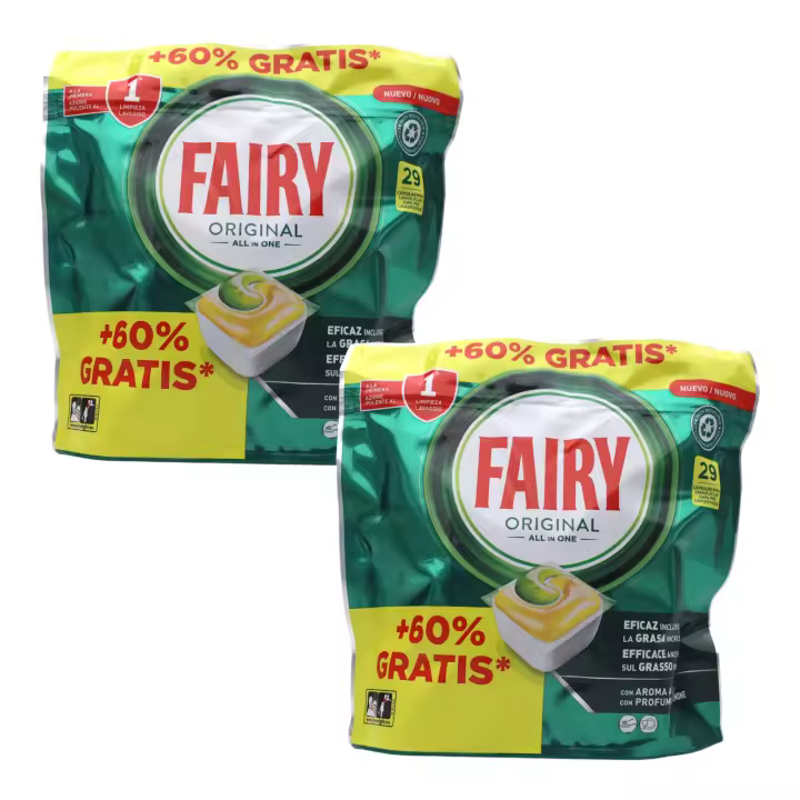 Fairy Original Pack de 2 bolsas de lavavajillas Todo En Uno Pastillas Lavavajillas 2 x 29  Capsulas (58 cápsulas en total) Lavavajillas Elimina Grasa Reseca Detergente Lavavajillas con Aroma Limpio y Fresco - 1