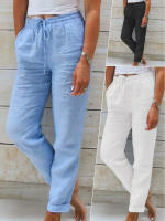 Pantalones De Verano De Algodón Y Lino Para Mujer Cintura Alta Elástica Casual Transpirables Pantalones De Pato Sueltos De Moda Para Calle - details 5