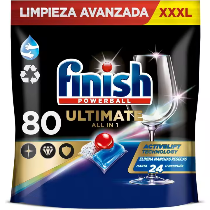 Finish Powerball Ultimate Infinity Shine, pastillas para el lavavajillas contra manchas resecas y escudo protector, Pack de 80 pastillas (embalaje puede variar) - 1