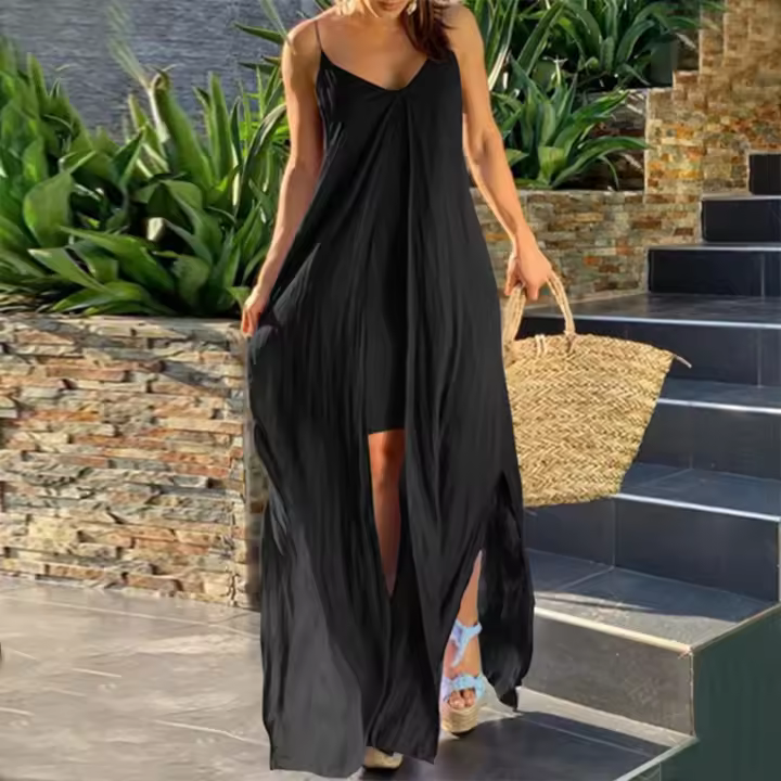 Vestido Largo Maxi Bohemio De Verano Para Mujer Sin Mangas Con Vuelos Y Bolsillos Estilo Casual Con Frontera Y Halter - 1