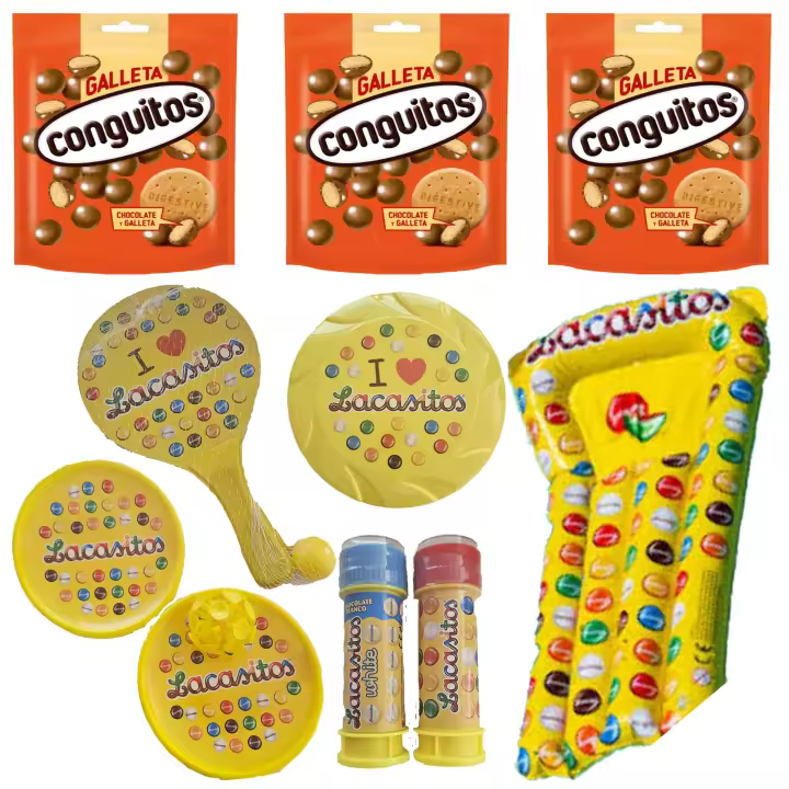 Pack vacaciones Lacasitos y Conguitos:3 galleta leche doyp 120g,palas con ventosa y con pelota , pompero,frisbee y colchoneta - 1