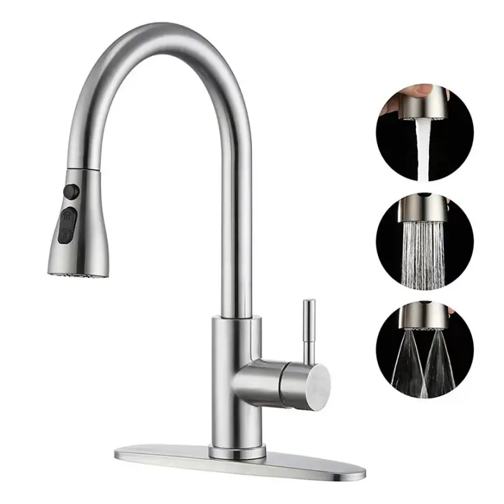 Juego de Grifo de Acero Inoxidable Moderno para Cocina y Balcón - Agua Caliente y Fría, Rociador de 3 Modos, Fácil Instalación con Accesorios Incluidos - 1