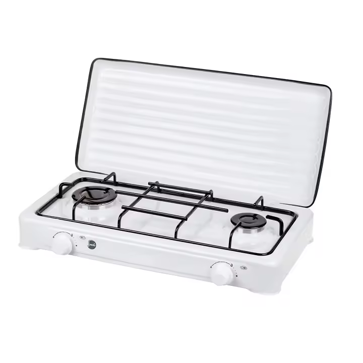 MPM SML-KN-02/1K Cocina Gas Portátil Camping, 2 Quemadores, Rejilla Esmaltada, Tapa Protectora, Normativa G30-37 mbar, , Blanco - 1