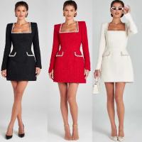 Vestido Mini Elegante Para Mujer Blanco Con Diamantes Cuello Cuadrado Manga Larga Slim A-Line Estilo Sexy Y Club Para Otoño - details 0