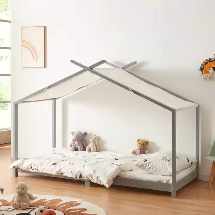 Cama para niños Brome Forma casita con techo pino 90 x 200 cm - Gris y Blanco [en.casa] - 1