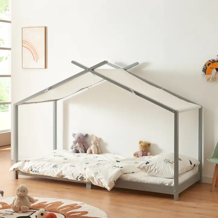 Cama para niños Brome Forma casita con techo pino 90 x 200 cm - Gris y Blanco [en.casa] - 1