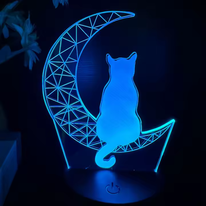 Lámpara De Noche 3D De Gato Lunar Con Ilusión Óptica Y Toque Cambio De Color Ambiental De 7 Colores Para Dormitorio - 1