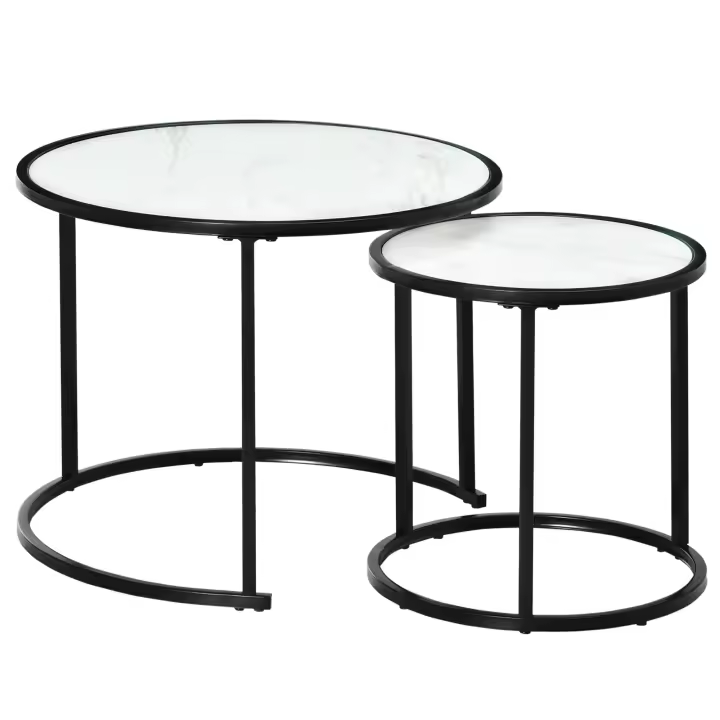 HOMCOM Juego de 2 Mesas Auxiliares Redondas Apilables Mesas de Café Modernas con Encimera en Efecto de Mármol y Marco de Acero Ø60x46 cm y Ø40x40 cm - 1