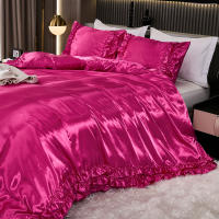 Set De Edredón Satinado 3PCS Colores Blanco Khaki Y Rosa Seda Suave Con Volantes Estilo Moderno Para Cama Conjunto De Ropa De Cama - details 13
