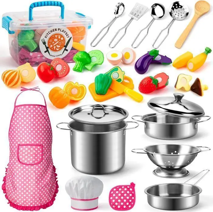 Accesorios de Cocina para niños, juego de rol de chef con utensilios de Maple inoxidable, ollas y sartenes, juego de Cocina Infantil para niños. - 1
