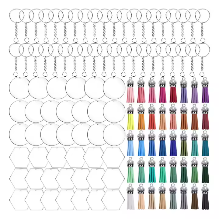 Juego de llaves acrílicas en blanco para manualidades, llaveros transparentes en blanco (hexagonal y redondo) para manualidades DIY, 160 piezas - 1