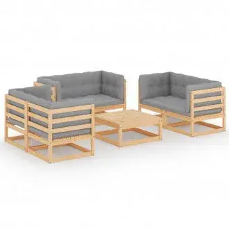VIDAXL 3076494 conjunto de sofás con mesa de jardín de 6 piezas en madera de pino marrón y gris - 1