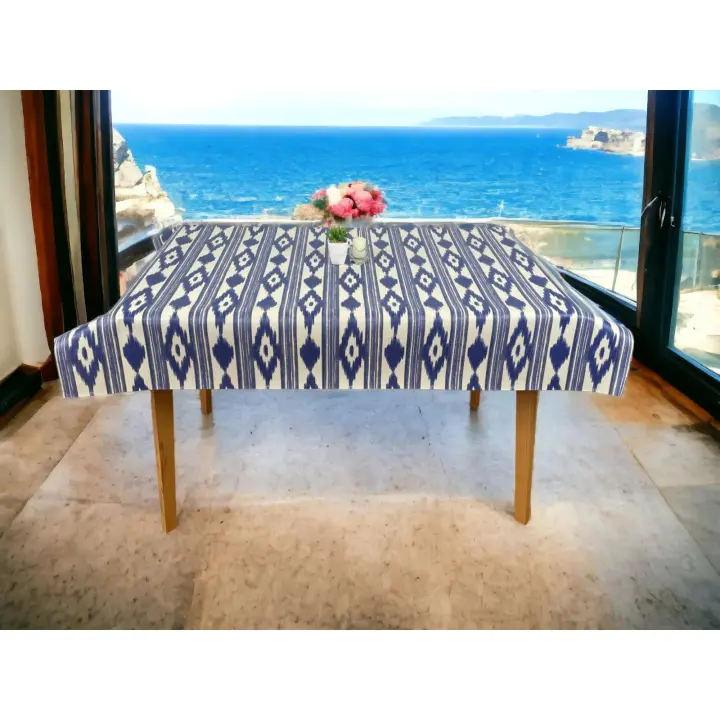Mantel Hulehule Tex - Hule PVC Estampado Tribal Azul y Blanco Resistente a Manchas Impermeable Fácil Limpieza 140cm Ancho - 1