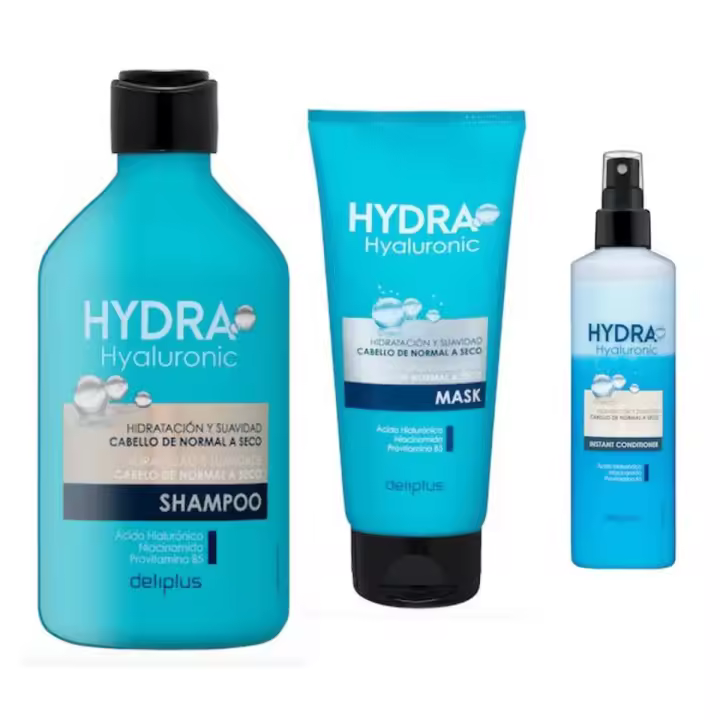 Pack 3 - Champú 400 ml + Mascarilla 200 ml + Acondicionador Instantáneo 250 ml. Hydra Hyaluronic cabello de normal a seco con Ácido Hialurónico, Niacinamida y Provitamina B5. Total 850 ml. Deliplus - 1