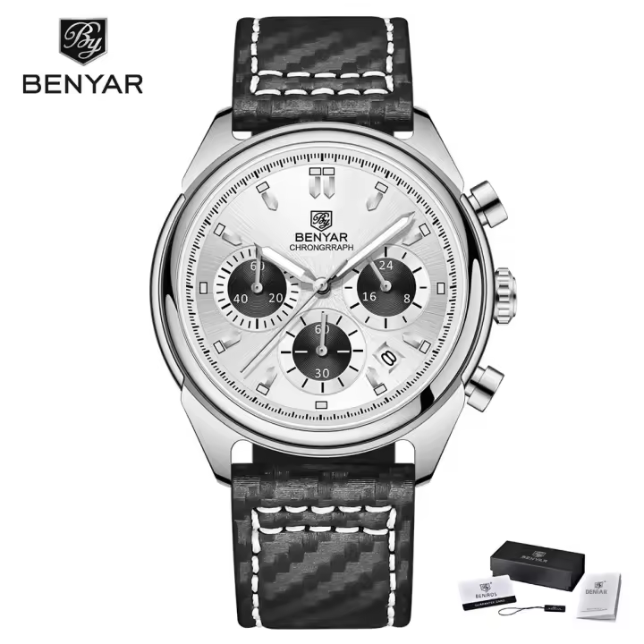 Reloj De Pulsera De Cuarzo BENYAR 2024 Para Hombre Marca De Lujo Cronógrafo Deportivo Resistente Al Agua De Acero Inoxidable Con Correa De Cuero Relojes Hombre - 1