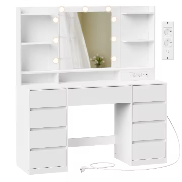 VASAGLE KAILYN Colección - Tocador con Espejo LED, Regleta, 9 Cajones, 9 bombillas regulables, Iluminación de 3 Colores, Montaje sin Herramientas, Blanco Nube - 1