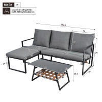 Juego de muebles de Jardín, juego de Esquina, sofá + Mesa de café + reposapiés, tubo de Maple galvanizado, tablero de Vidrio, para Jardín, pool y otras áreas al Aire Libre, Gris - details 4