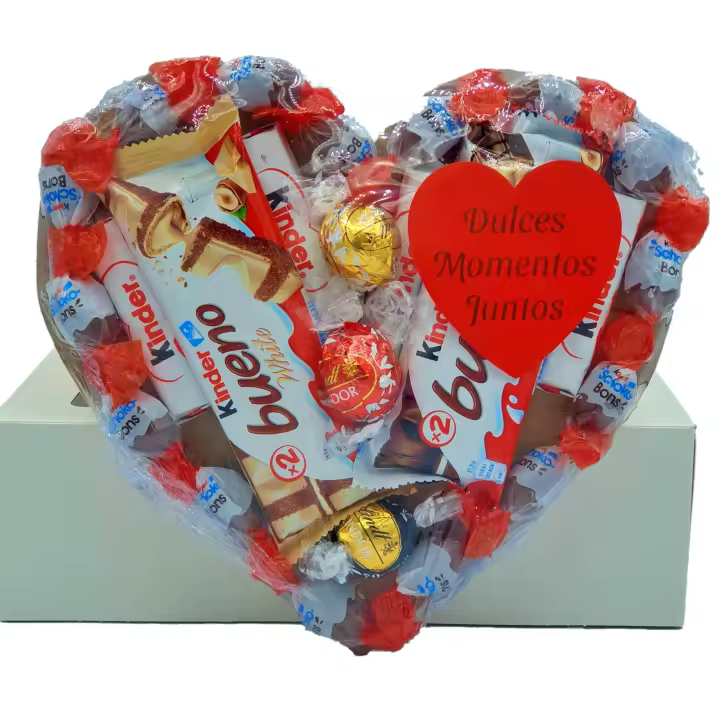 Corazon de Chocolate con Kinder Bueno, Kinder Shochobons, Kinder Chocolate y Bombones Lindt. Regalo Ideal para Parejas. [IAMI] - 1