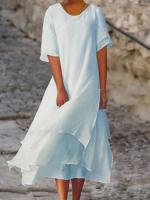 Vestido Largo De Color Sólido Para Mujer Verano 2024 Vuelta En V Manga Media Irregular Ropa De Vacaciones Playa Robe Casual - details 2