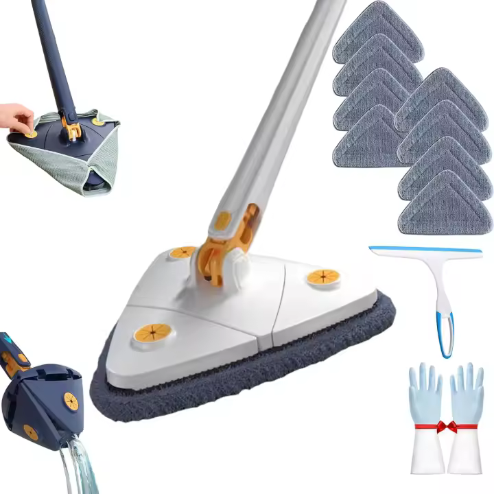 Trapeador triangular Upattend, giratorio 360°, ajustable, con cámara de limpieza, mango ajustable de 130 cm, absorbe agua en 5 segundos, secado en seco/húmedo, escurrido automático, ideal para esquinas, grietas y paredes (blanco, 8 unidades) - 1