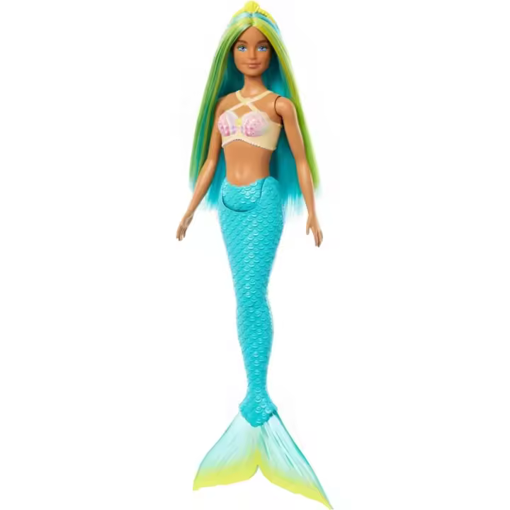 Barbie Muñeca Sirena con Cabello de fantasía Azul y Amarillo y Diadema amarilla Cola de Color Turquesa - edad + 3 años, HRR03 CPAHRR03 - 1