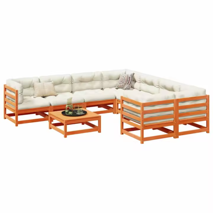 vidaXL Juego de sofás de jardín 9 pzas madera maciza pino marrón cera - 1