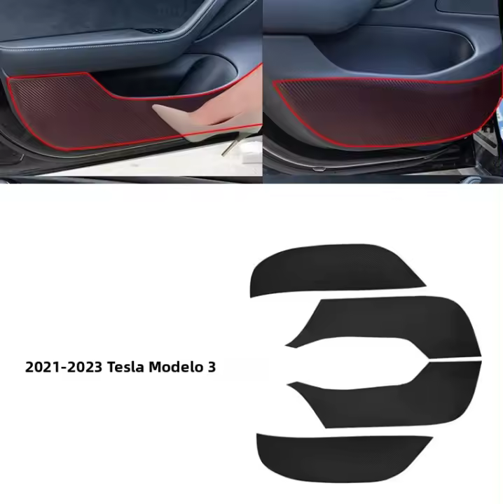 Protector De Puerta Para Tesla Model3 Tapete De Pie En Puerta Panel De Puerta Antigolpes Y Anti Suciedad Estilo Cuero Y Fibra De Carbono Accesorios Para Automóvil - 1
