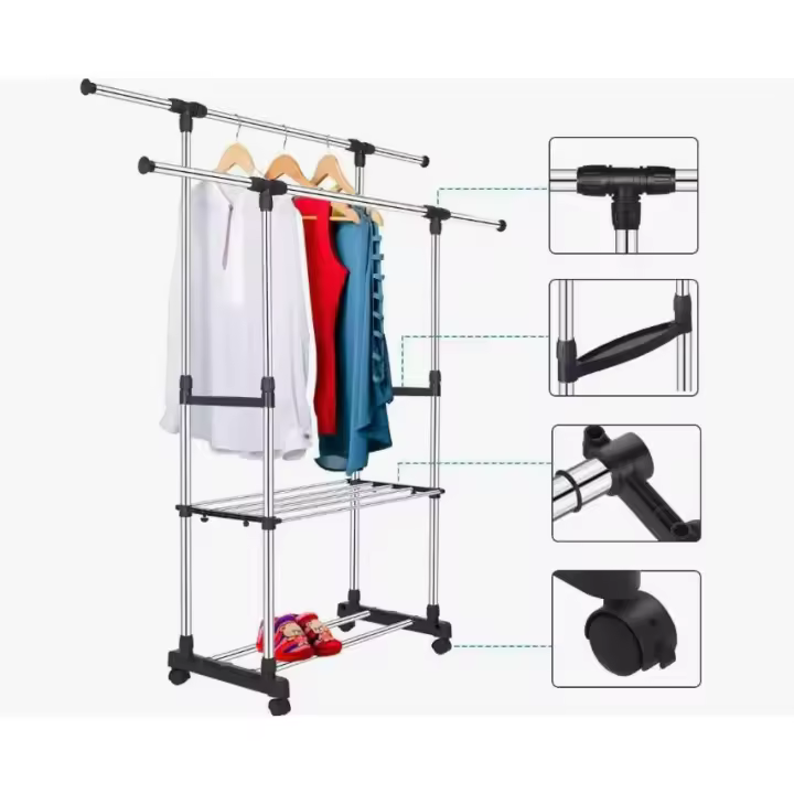 Perchero Burro Ajustable y Móvil de Acero Inoxidable丨Extensible con Doble Rieles para Colgar Ropa丨Multifuncional y Resistente con Ruedas Giratorias丨Ideal para Organización y Secado de Prendas en Hogar o Oficina丨Fácil Movimiento y Ajuste de Espacio - 1