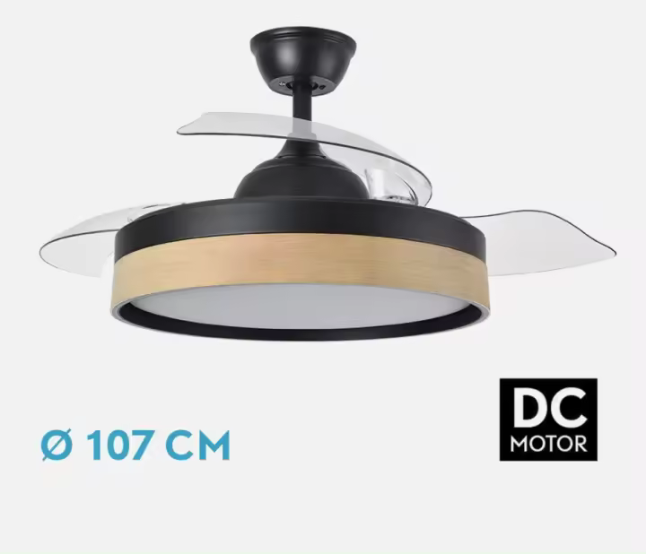 FABRILAMP Ventilador ALTA GAMA DC IGLU 59w 6980lm Negro/haya 3asp.desplegables 32/47x50/107d.3col,remoto,regulable intensidad Temporizador, Memoria . Incluye mando a distancia y dos tijas de 10 y 25 centímetro calidad de confianza - 1