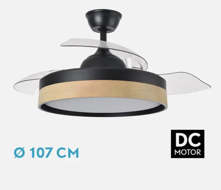 FABRILAMP Ventilador ALTA GAMA DC IGLU 59w 6980lm Negro/haya 3asp.desplegables 32/47x50/107d.3col,remoto,regulable intensidad Temporizador, Memoria . Incluye mando a distancia y dos tijas de 10 y 25 centímetro calidad de confianza - 1
