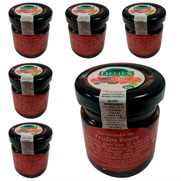 Deliex delicias de Extremadura. Mermeladas pequeñas sabores variados. Miniaturas de mermeladas en tarro de cristal 30 gr para detalles a invitados en bodas, comuniones, bautizos (30 Tarros) - 1