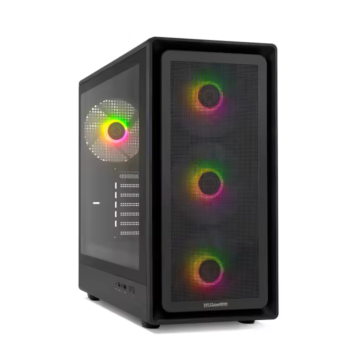 NOX Hummer Aero – Semitorre ATX | M-ATX | ITX 4 Ventiladores ARGB PWM de 140mm Incluidos, Frontal Mesh, Lateral Cristal Templado, USB-C y USB 3.0, Soporte para GPU de 420 mm, Filtro Magnético, Negra - 1