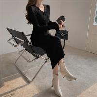 Vestido Bodycon Elegante Para Mujer Con Botones Y Cuello En V De Terciopelo Suave Manga Larga Estilo Oficina Otoño Invierno - details 31